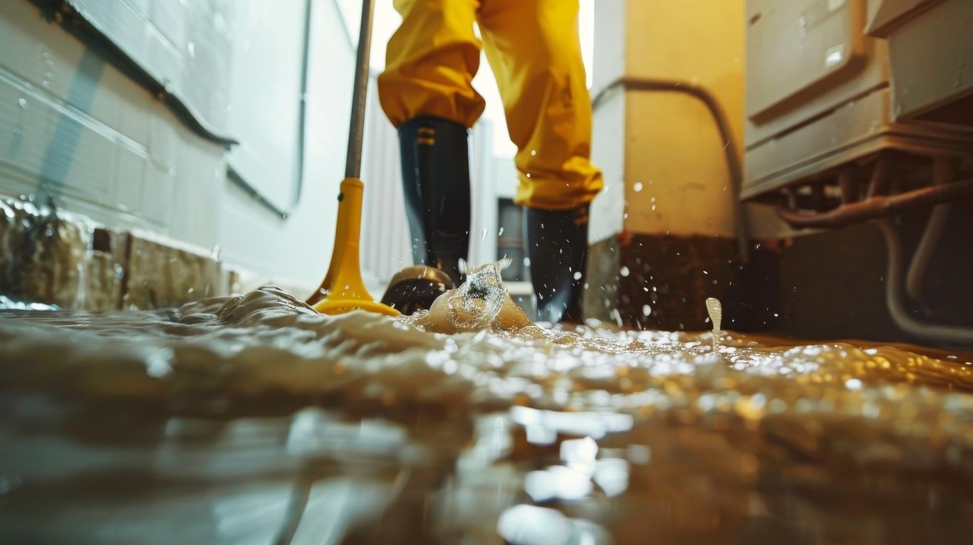 Person in yellow waterproof suit and boots, mopping up water in flooded room.