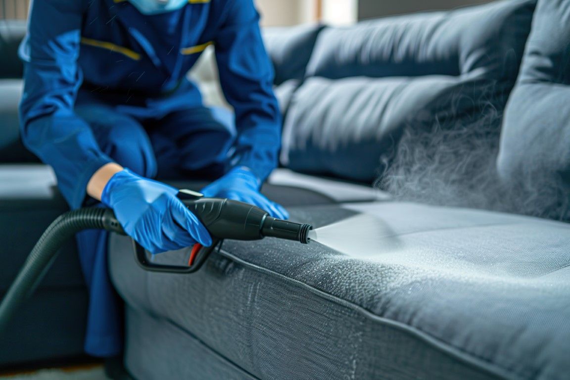 Person in blue coveralls and gloves cleaning a blue couch with a steam cleaner.