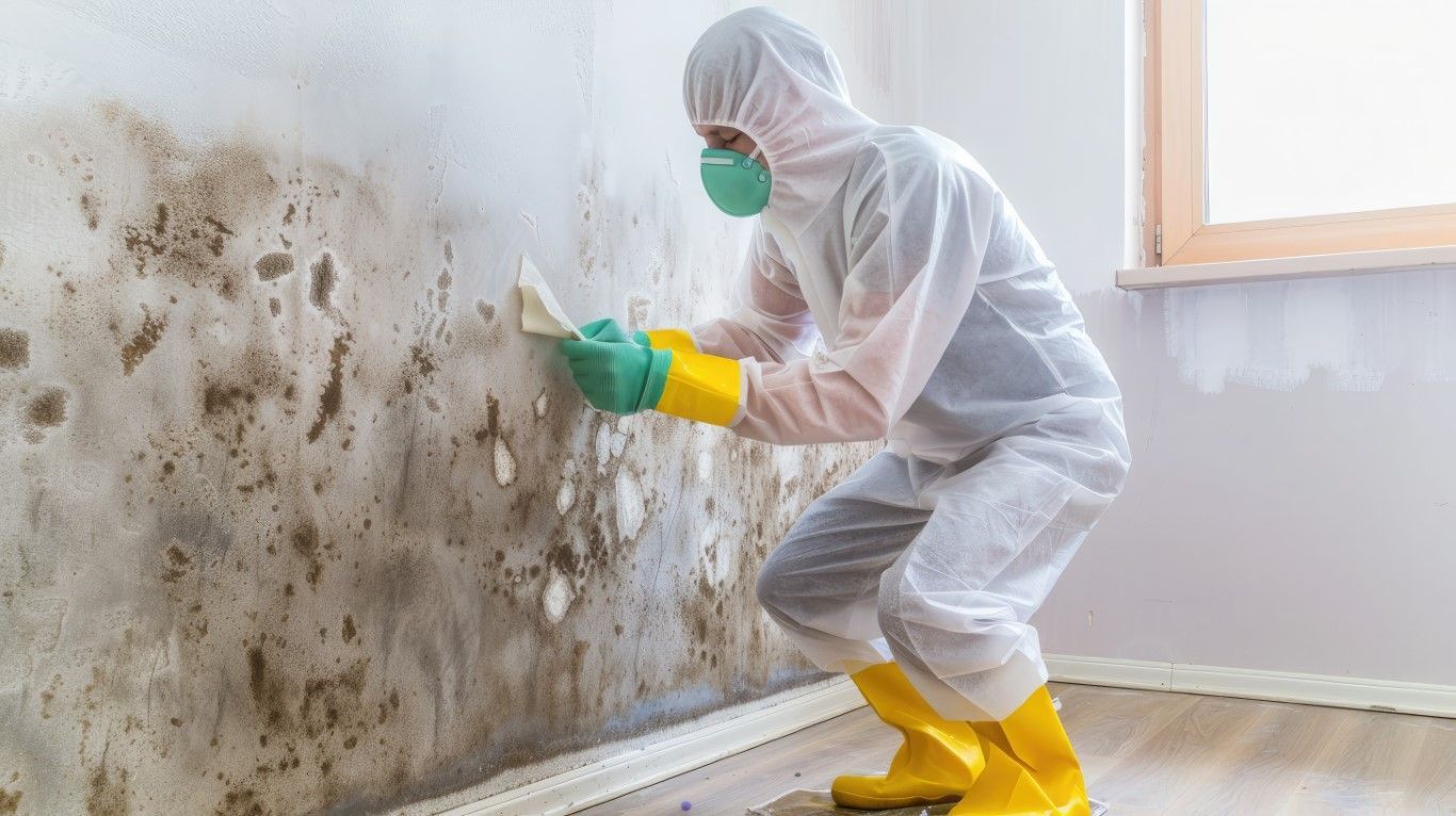 Person in protective suit cleaning moldy wall with a scraper.
