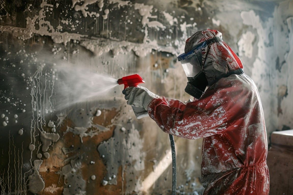 Person in protective suit spraying a wall, likely removing something hazardous.