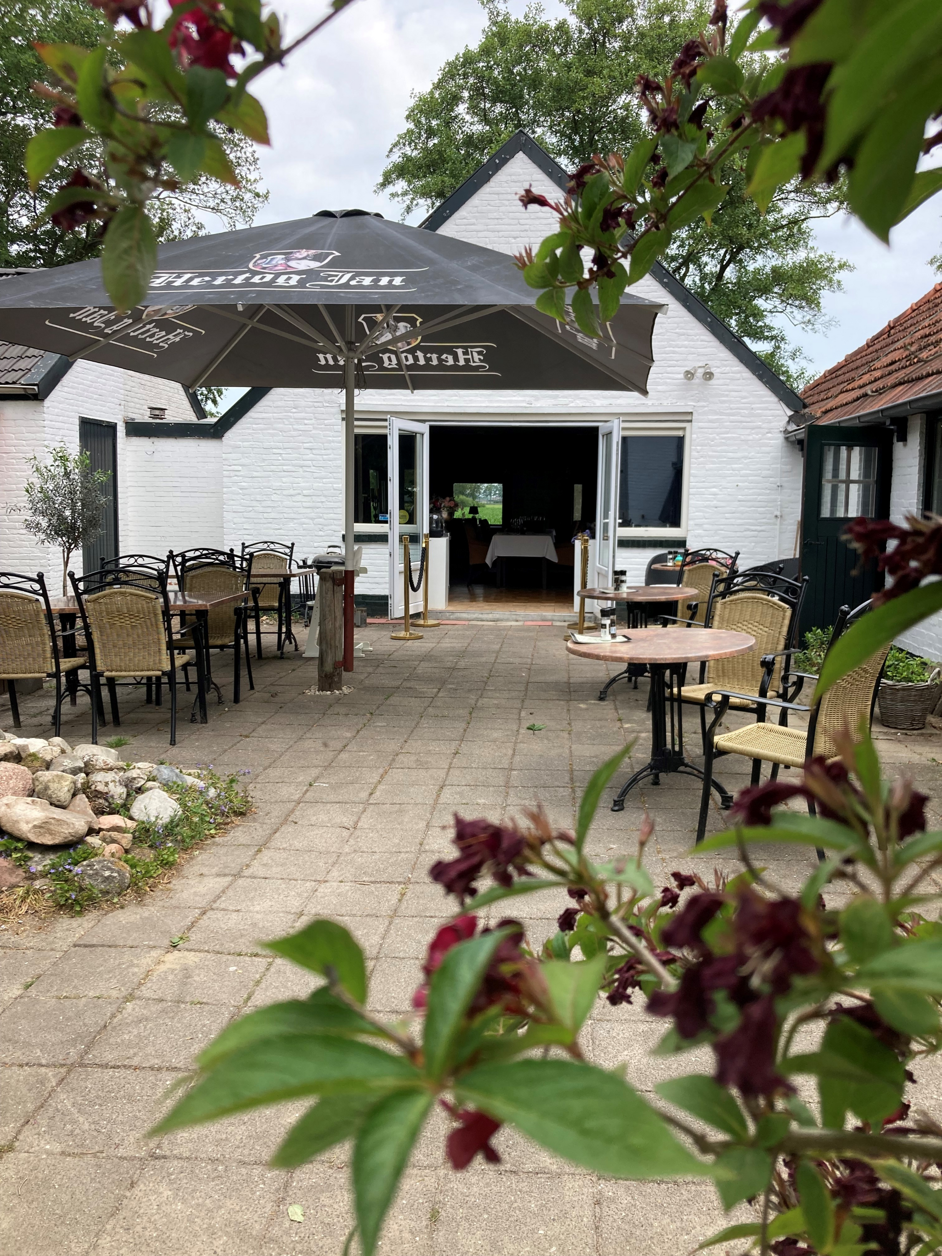 Een terras met tafels en stoelen en een parasol met daarop 'coca cola'