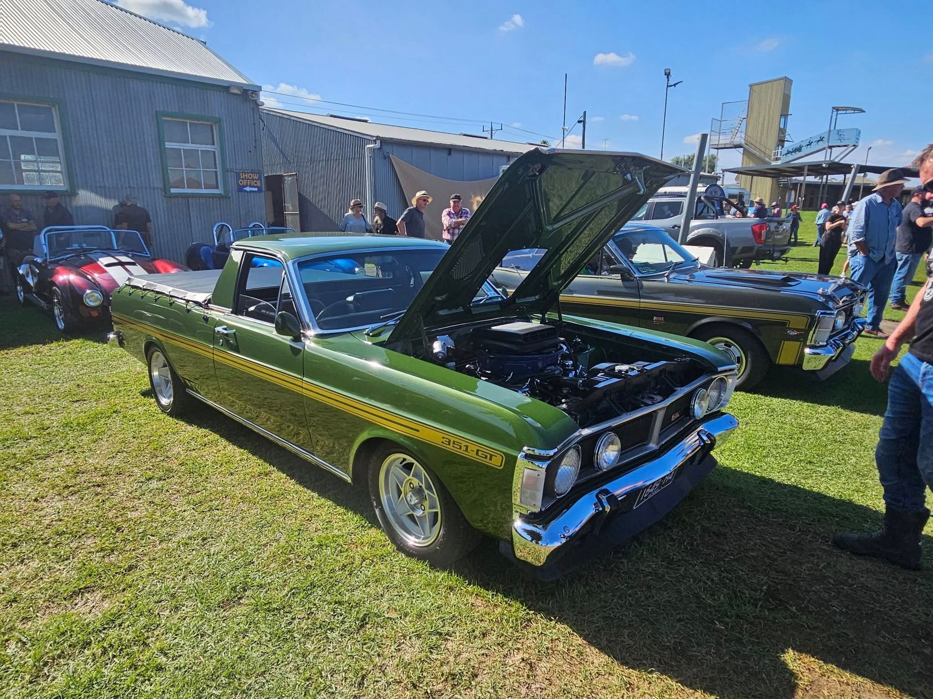 green ute parked on grass with bonnet up 