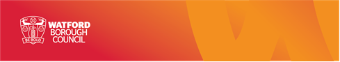 Watford Borough Council logo on a red-to-orange gradient background.