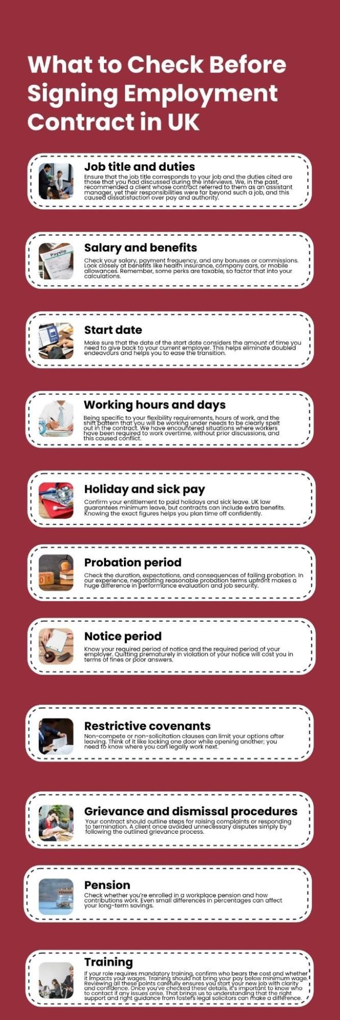 This is infographic on the topic what to check before signing employment contract in the UK- Fosters Legal Solicitors ltd