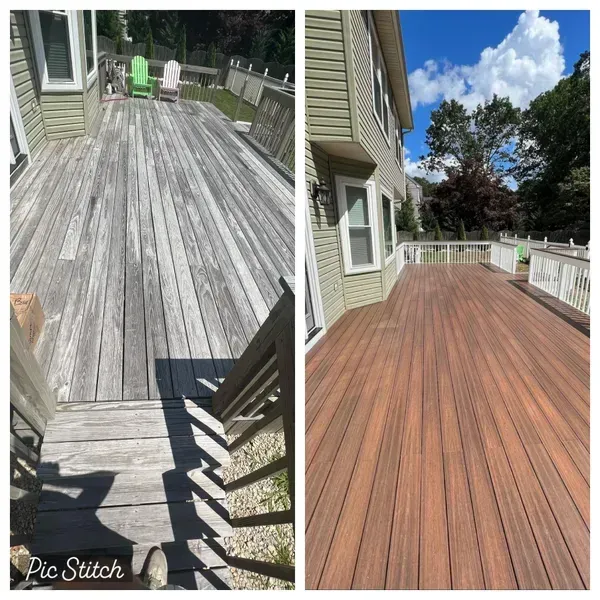 A before and after picture of a wooden deck being painted.