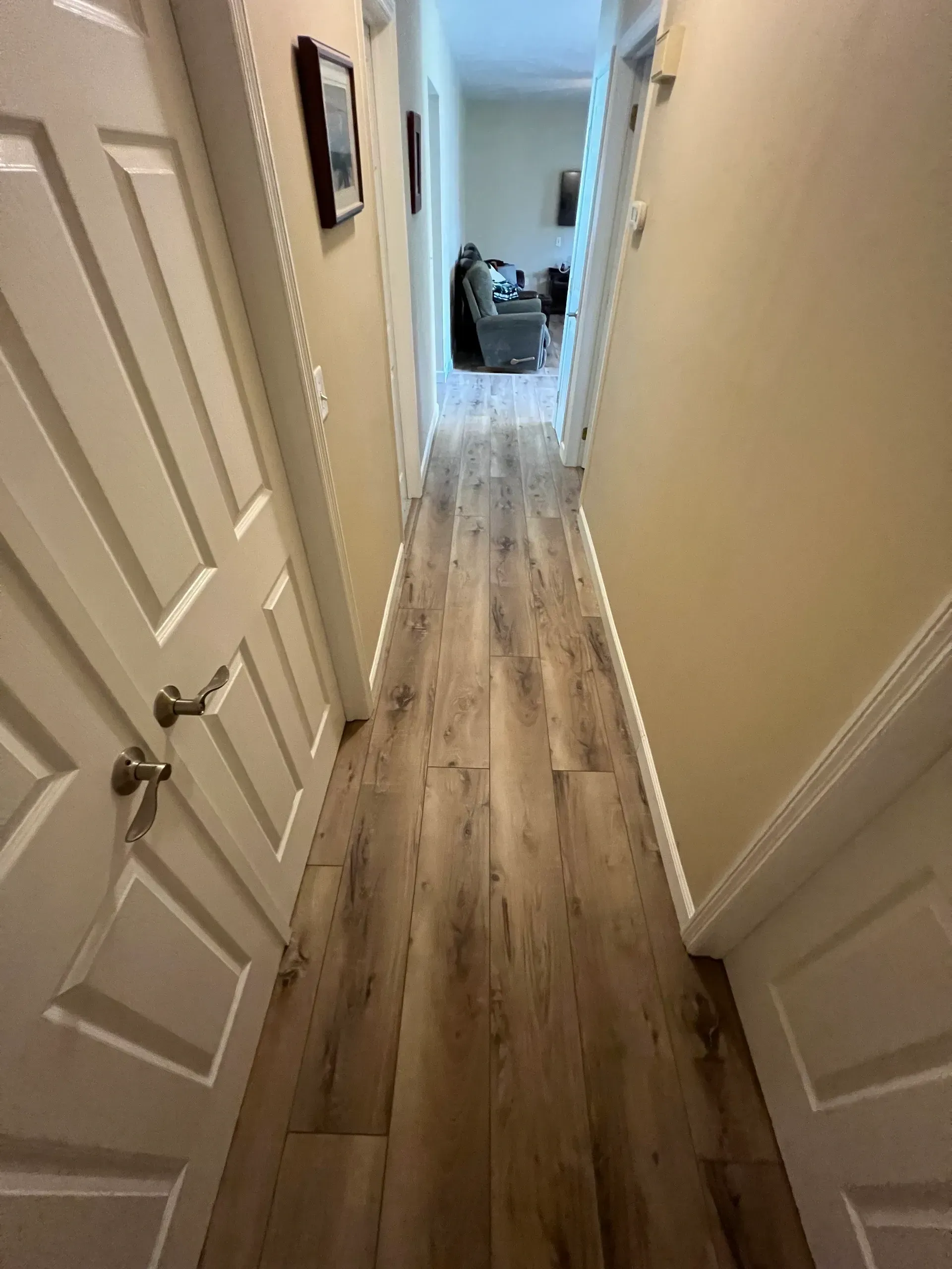 A hallway with hardwood floors and white doors leading to a living room.