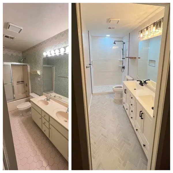 A before and after photo of a bathroom with two sinks and a toilet