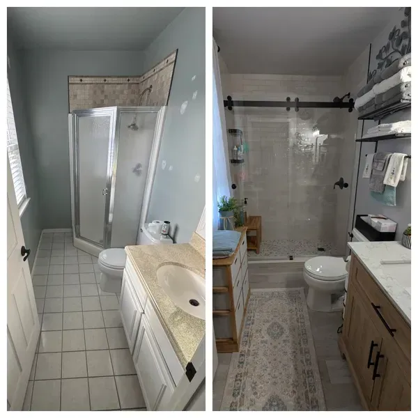 A before and after photo of a bathroom with a toilet , sink and shower.