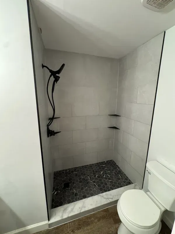 A bathroom with a walk in shower and a toilet.