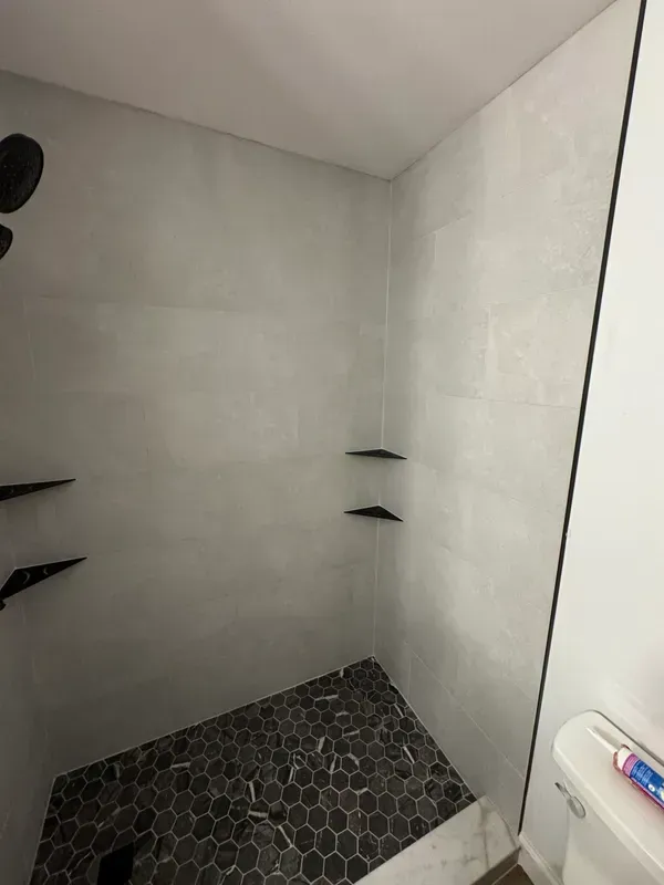 A bathroom with a walk in shower and a toilet.