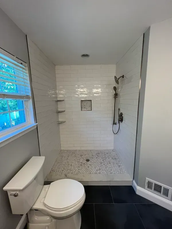 A bathroom with a toilet and a walk in shower.