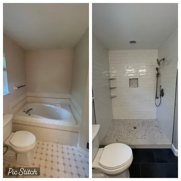 A before and after photo of a bathroom with a tub and toilet