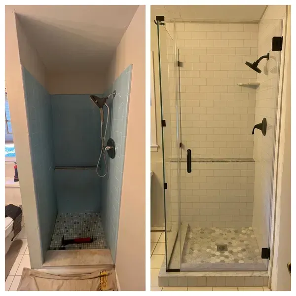A before and after picture of a shower with a glass door.