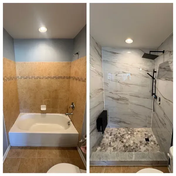 A before and after photo of a bathroom with a bathtub and a shower.