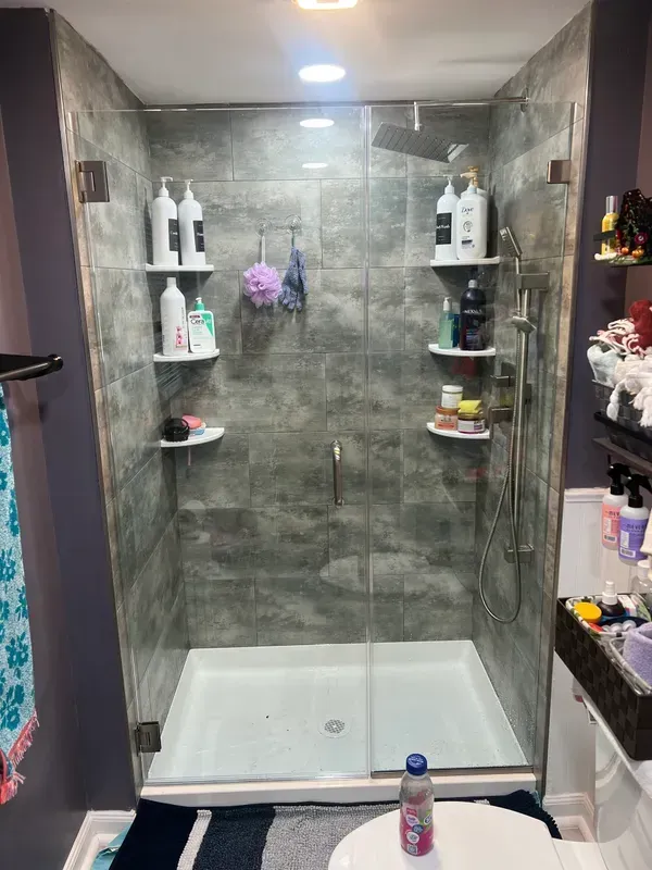 A bathroom with a walk in shower and a toilet.