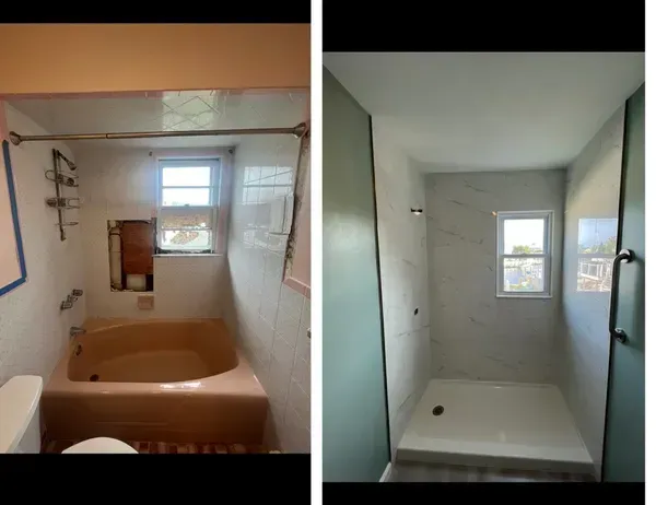 A before and after picture of a bathroom with a bathtub and shower