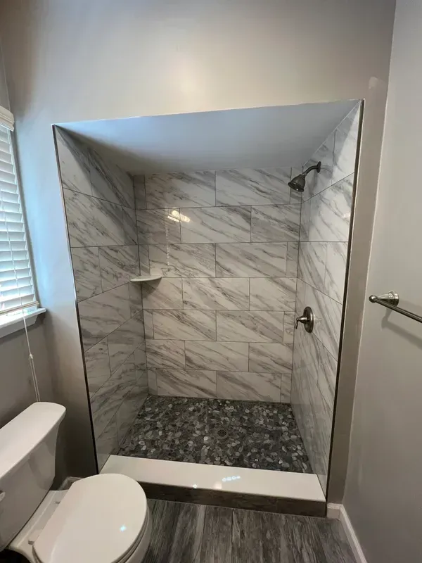 A bathroom with a toilet and a walk in shower.
