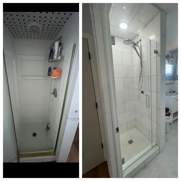 A before and after picture of a shower in a bathroom