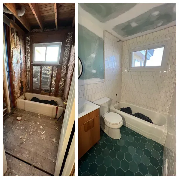 A before and after photo of a bathroom being remodeled