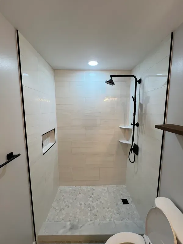 A bathroom with a shower and a toilet.
