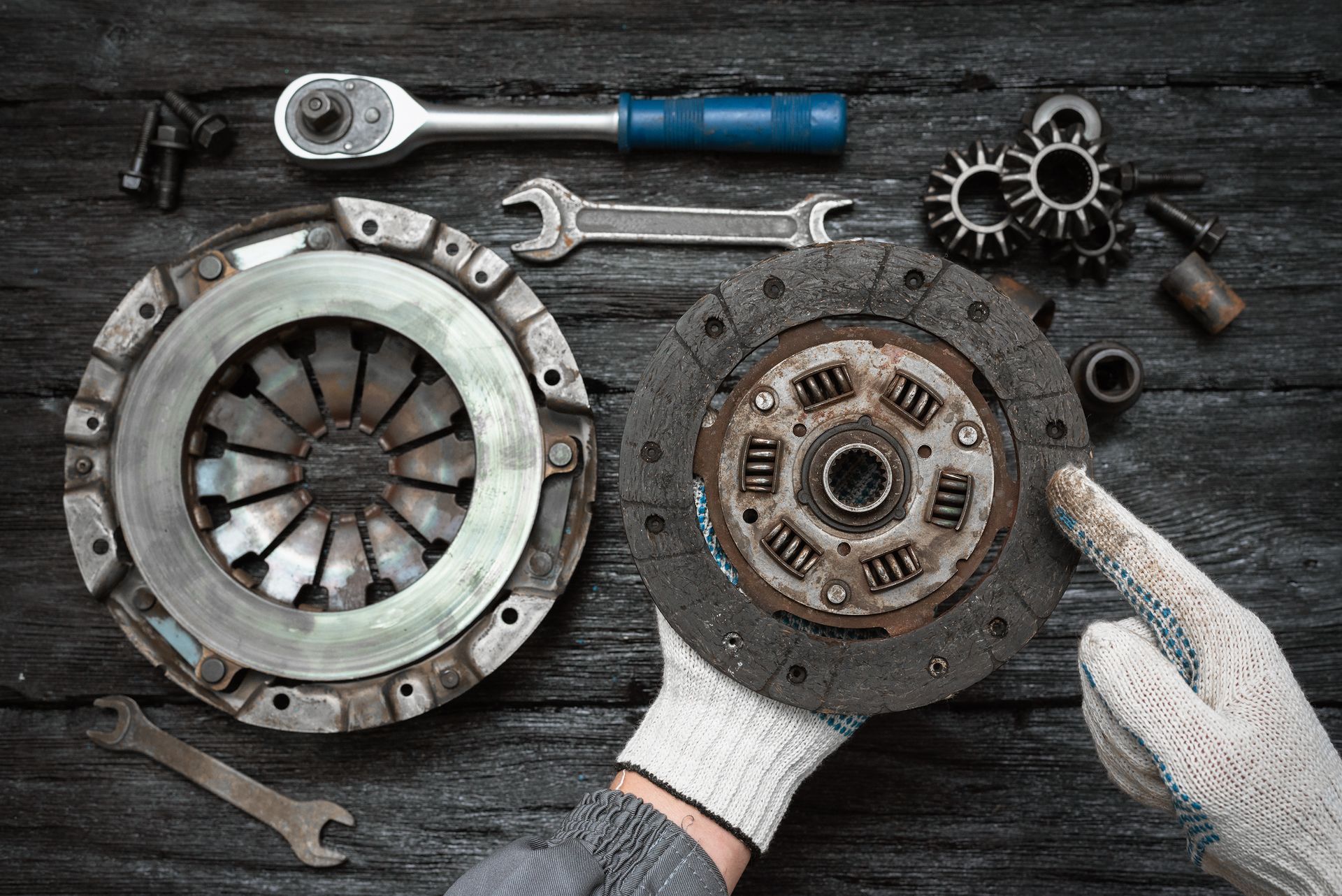 Clutch disc showcasing clutch replacement, representing a vehicle's worn or new clutch system.