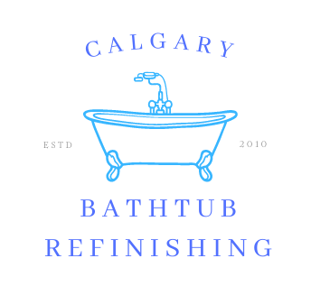 A logo for calgary bathtub refinishing with a blue bathtub