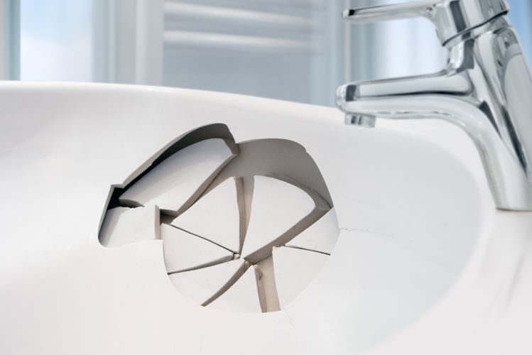 A sink with a hole in it and a faucet in the background