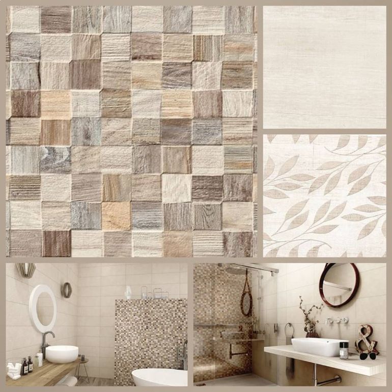 Collage di motivi di piastrelle beige e grigie con interni di bagno che includono lavandini, specchi e decorazioni murali.