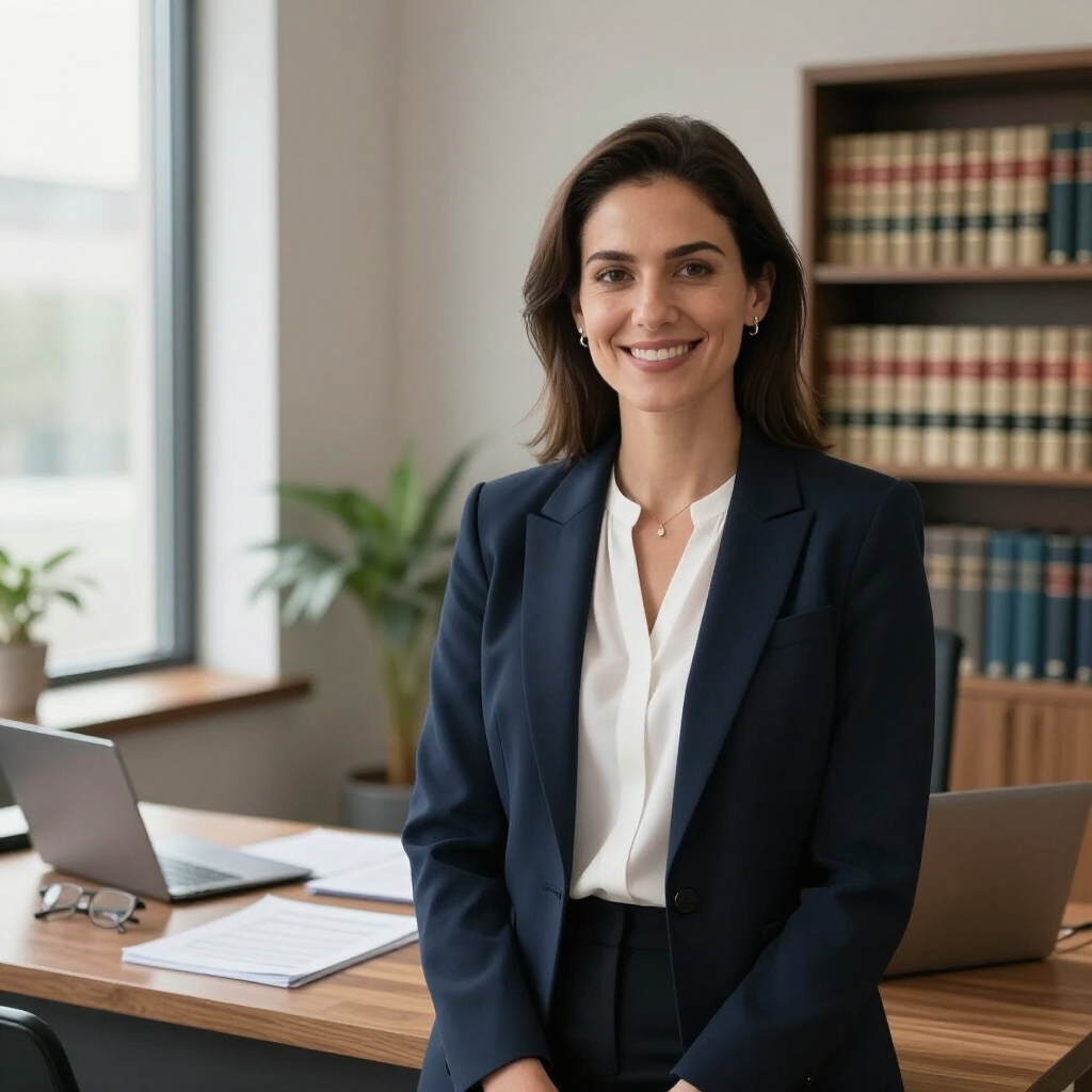 Un profesional sonriente, vestido con una chaqueta, se encuentra en una oficina con un escritorio de madera