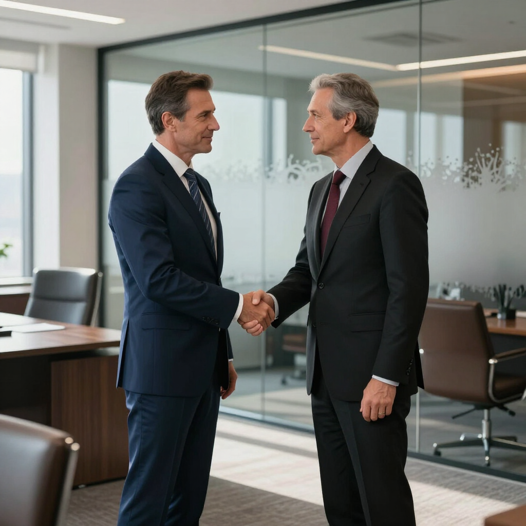 Dos profesionales con traje se dan la mano en una oficina moderna con mamparas de cristal y muebles de madera.
