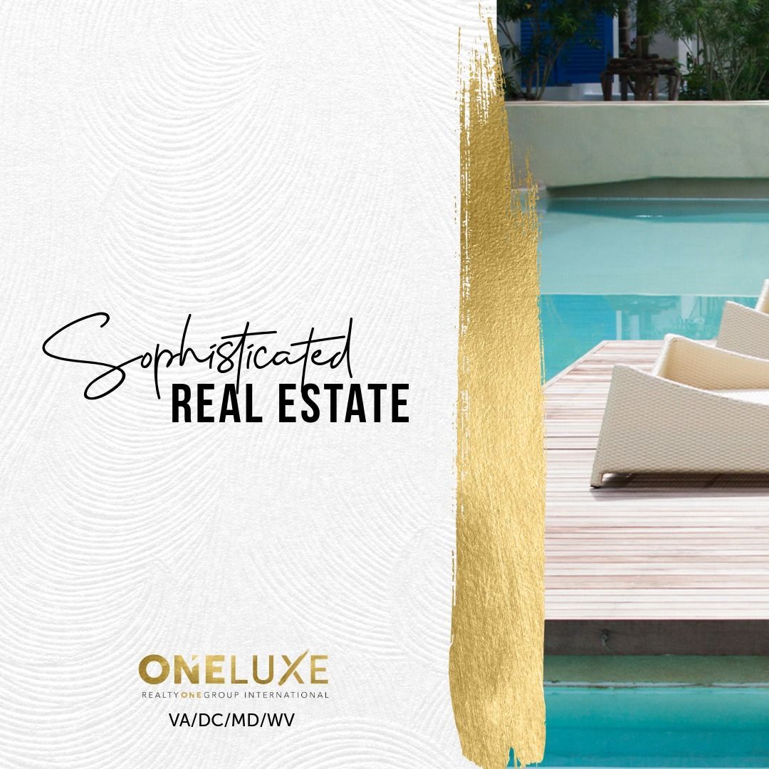 a brochure for sophisticated real estate with a pool and chairs .