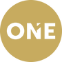 a gold circle with the word one in white letters