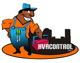 HVAC technician cartoon holding a toolbox, wearing overalls and a hat, smiling.  Text reads 