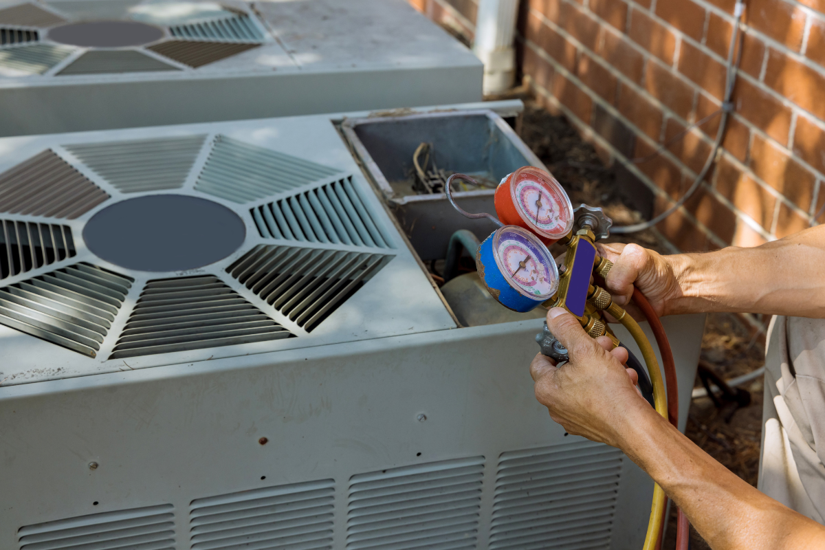 Person servicing an outdoor AC unit with gauges and hoses; next to a brick wall.