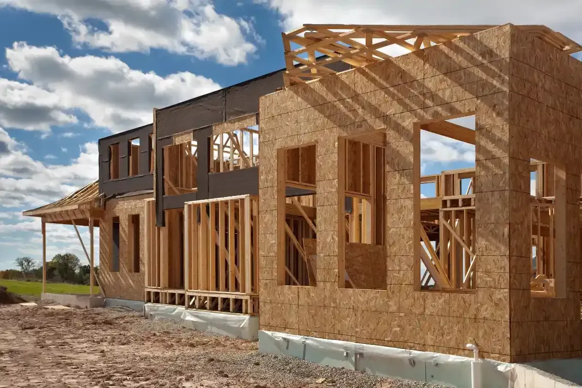 House frame under construction with exposed wooden studs and sheathing.