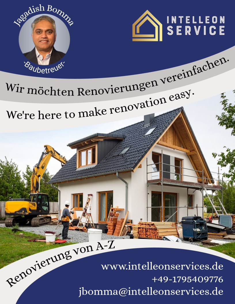 Advertisement for Intelleon Service: A man's portrait, house under renovation with construction equipment, company details.