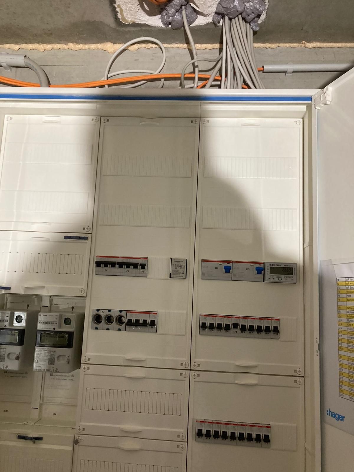 A white electrical box with a bunch of wires hanging from the ceiling.