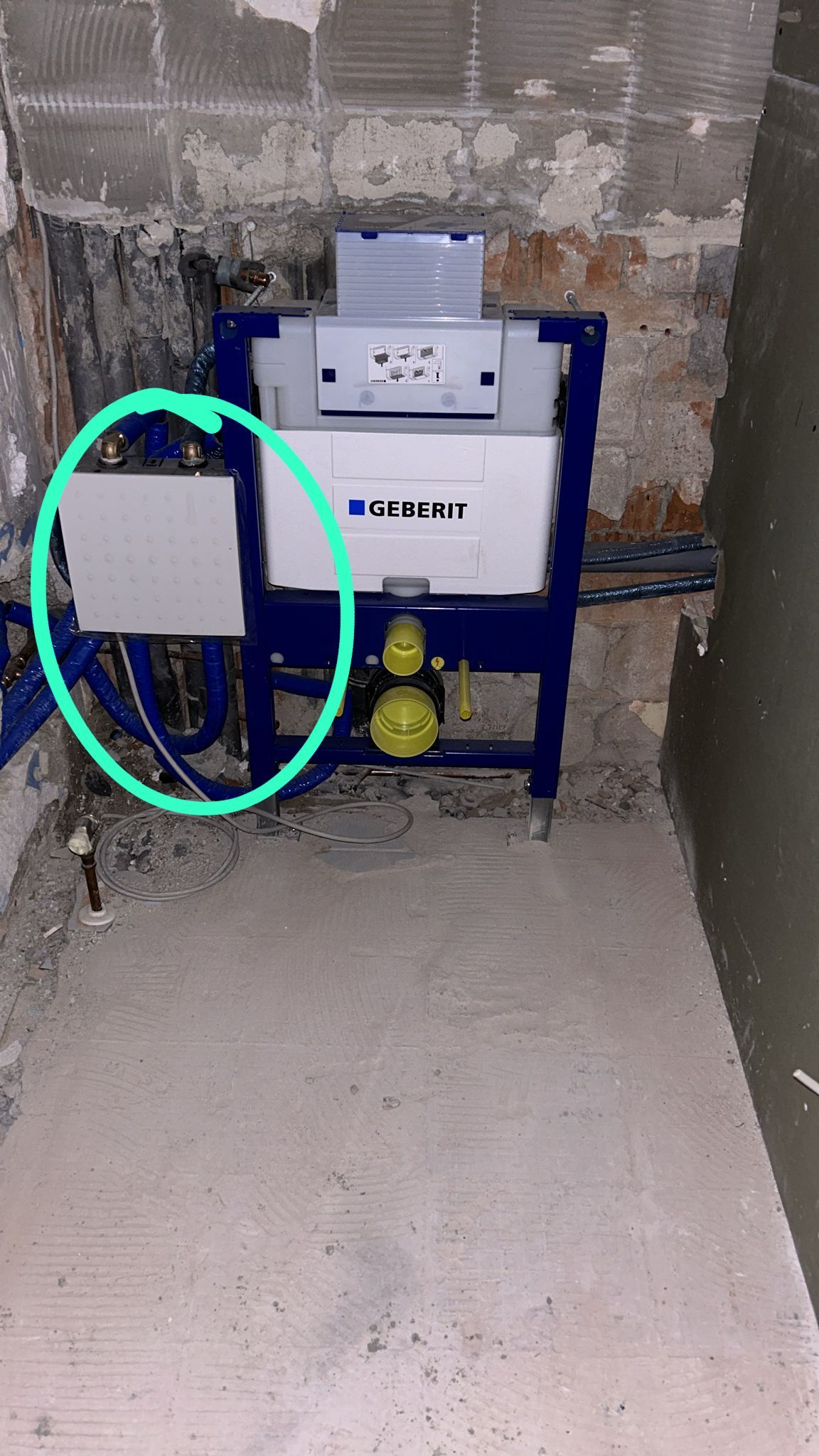 A bathroom with a sink and a circle around it.