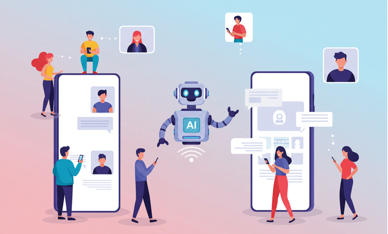 A group of people are standing around an AI Assistant on a cell phone.