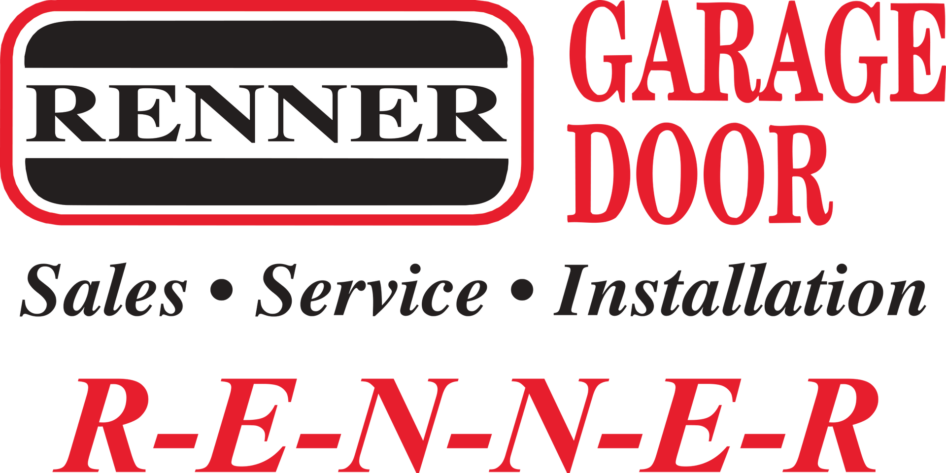 The logo for renner garage door sales service installation r-e-n-n-e-r