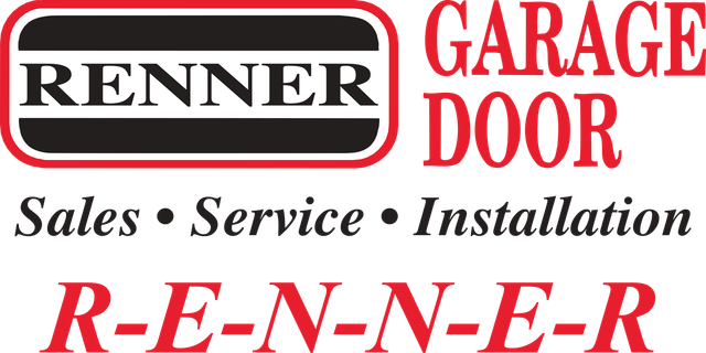 The logo for renner garage door sales service installation r-e-n-n-e-r