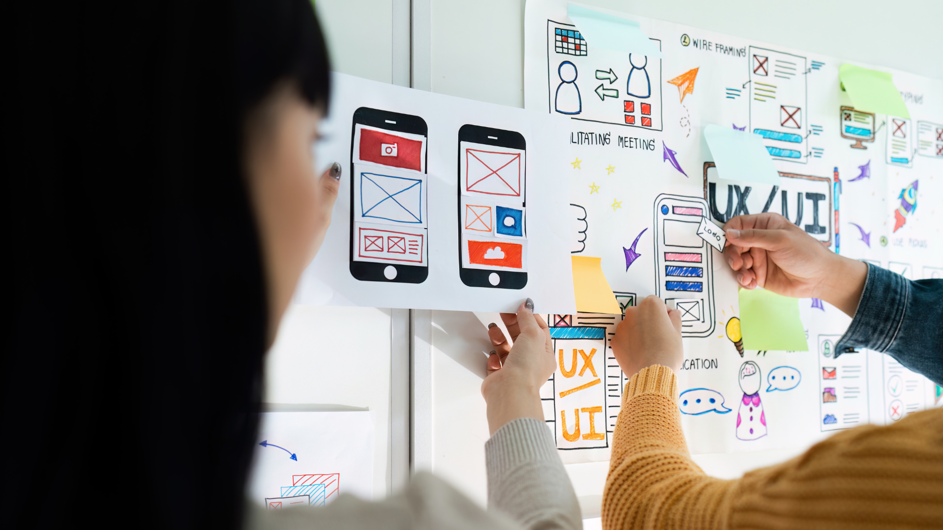 A group of people are working on a project on a whiteboard.