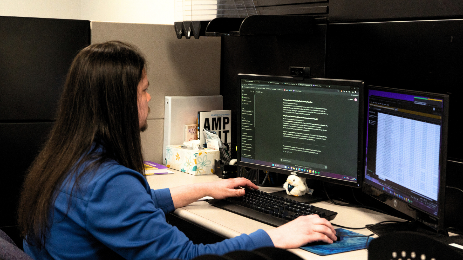 A woman is sitting at a desk in front of a computer.