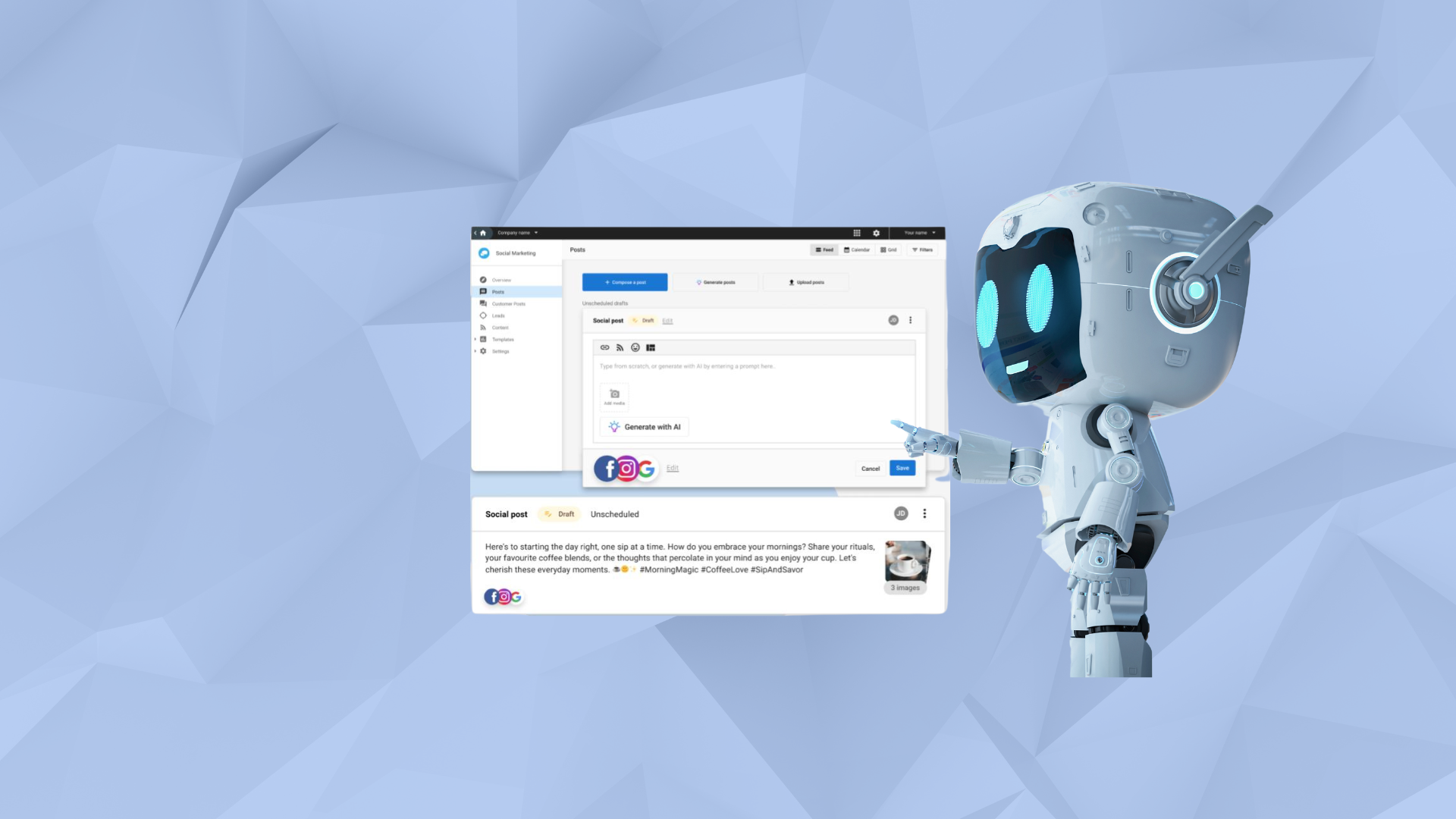 A robot is standing in front of a computer screen.