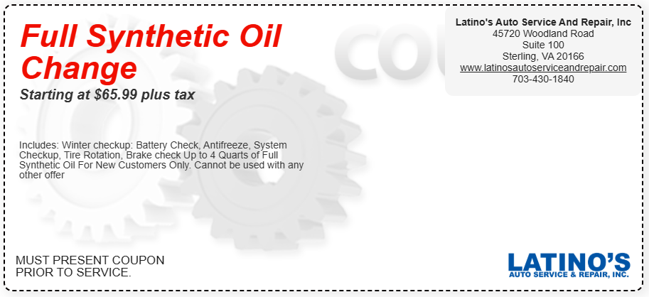 A full synthetic oil change coupon from latino 's