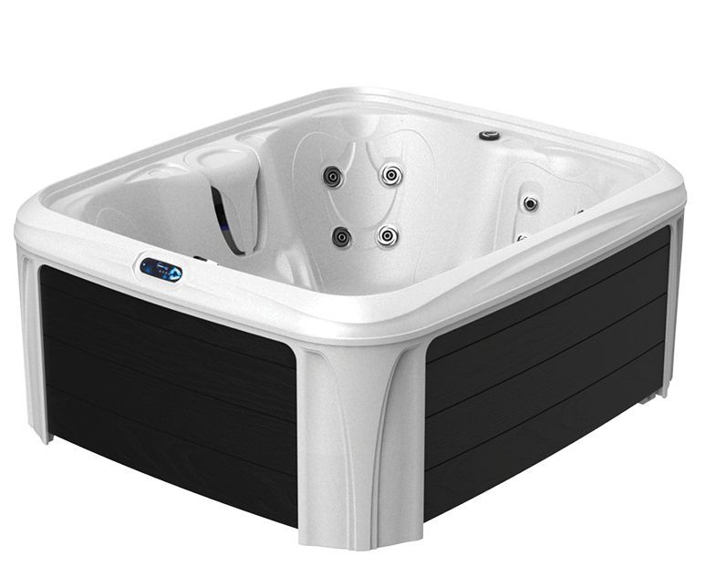A modern black and white hot tub with jets.