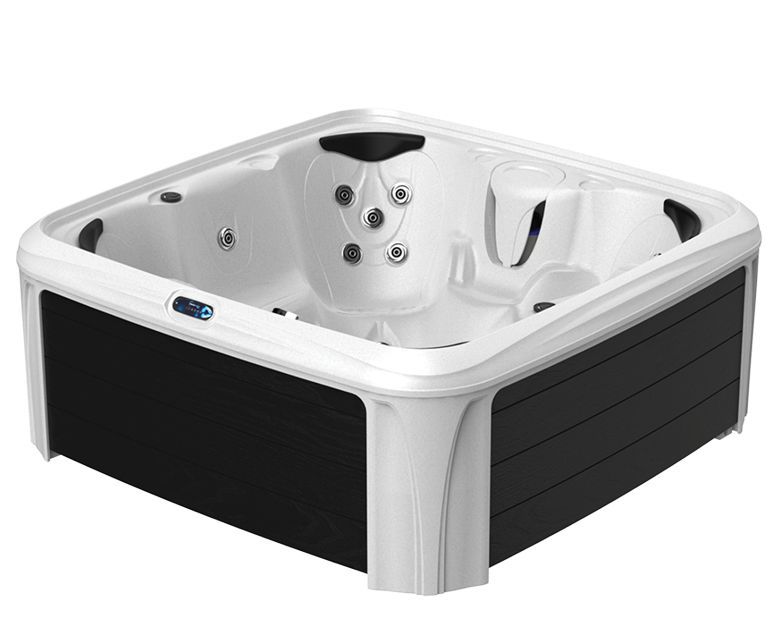 Hot tub with black panels and white interior.
