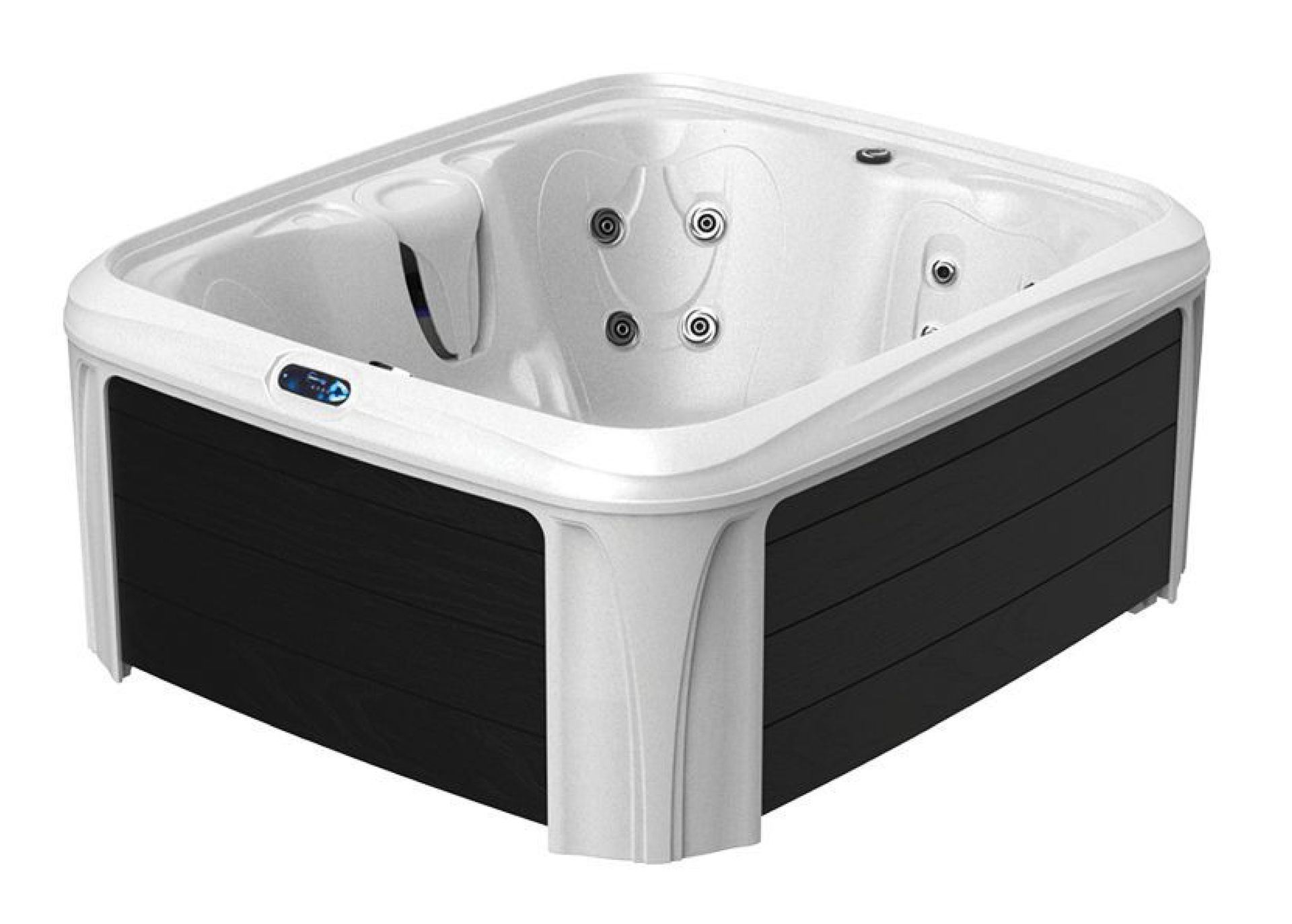 Modern square hot tub, white interior, dark gray exterior panels.