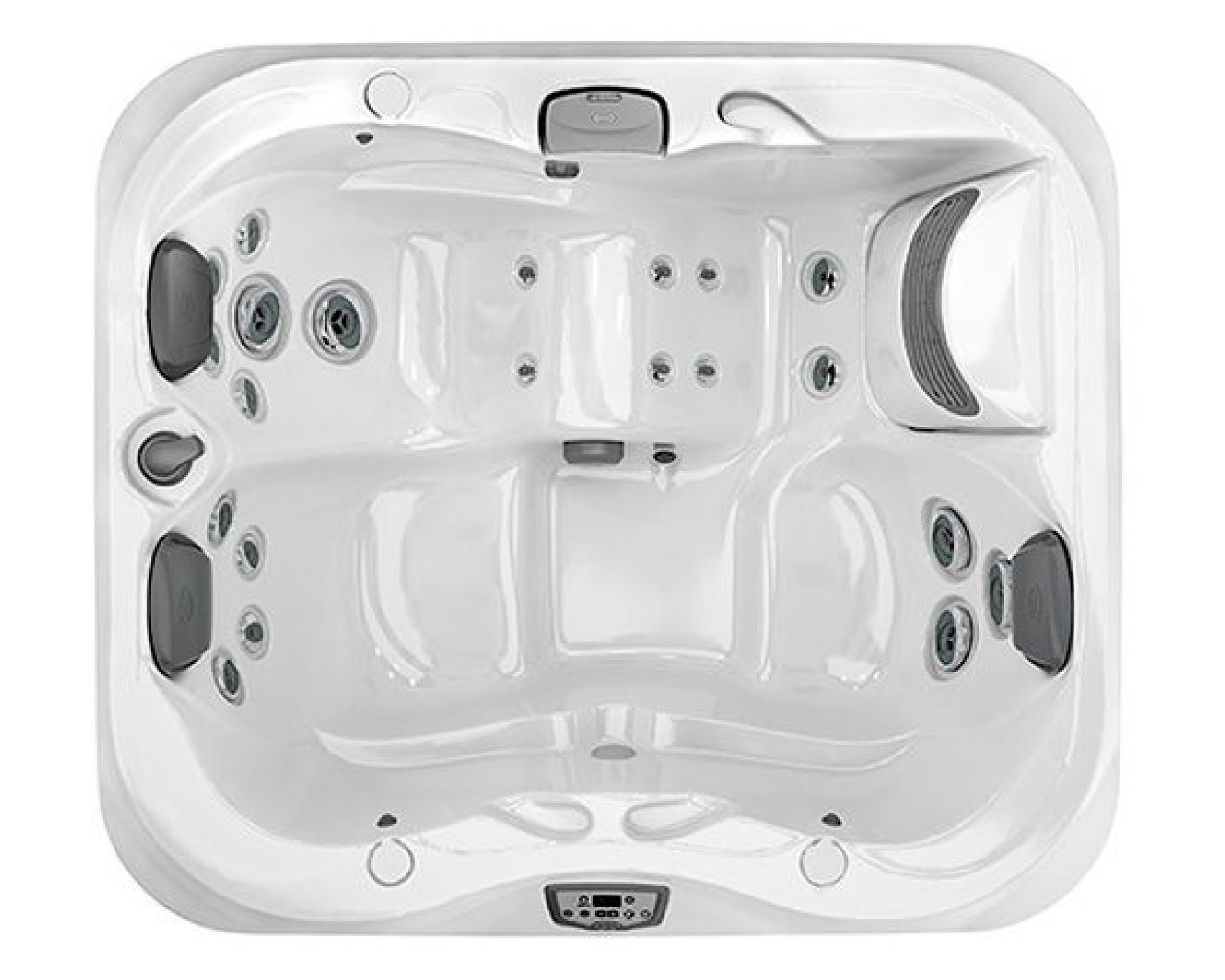 Top-down view of a white hot tub with seating for multiple people and jets.