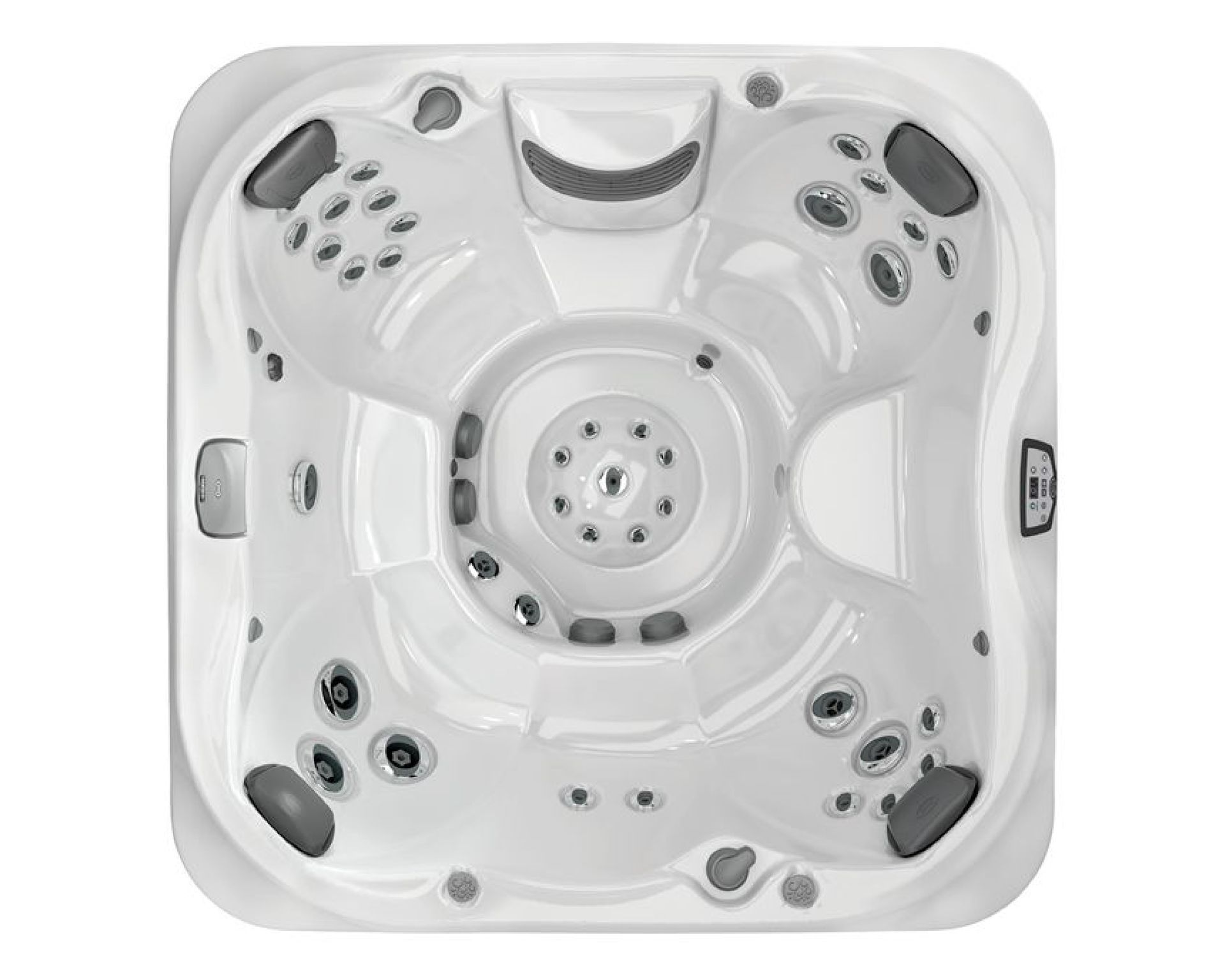 Overhead view of a white Jacuzzi with multiple jets, seats, and a central water feature.